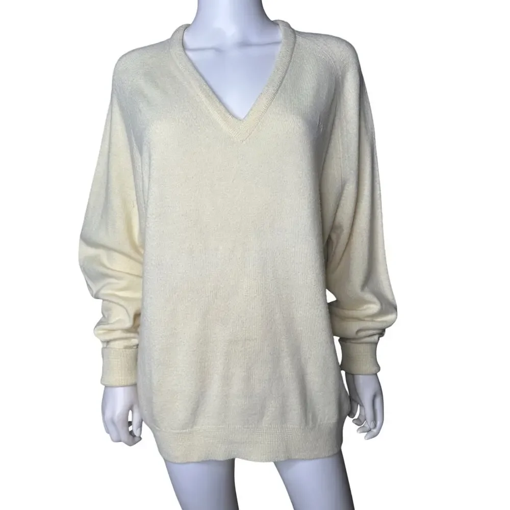 Vintage Christian Dior V-Neck Sweater | Cream Off-White Orlon Acrylic Knit xl
